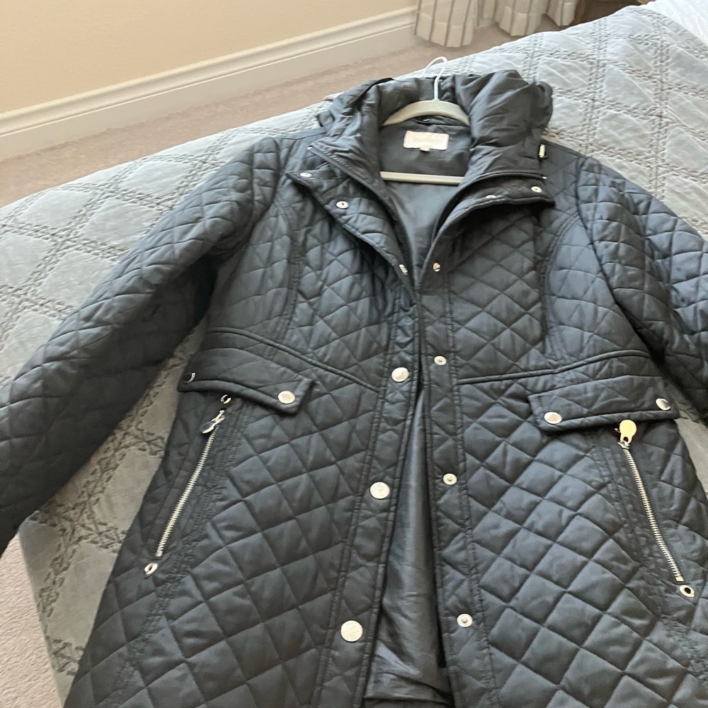 Laundry black quilted coat with silver trim & back buckle & hood